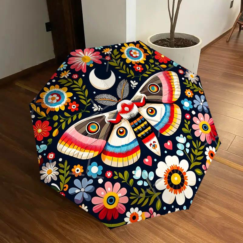 1pc Colorful Floral Moth Mandala Umbrella with Plastic Handle,Suitable for All Seasons Home Travel Outdoor UmbrellaDD1175