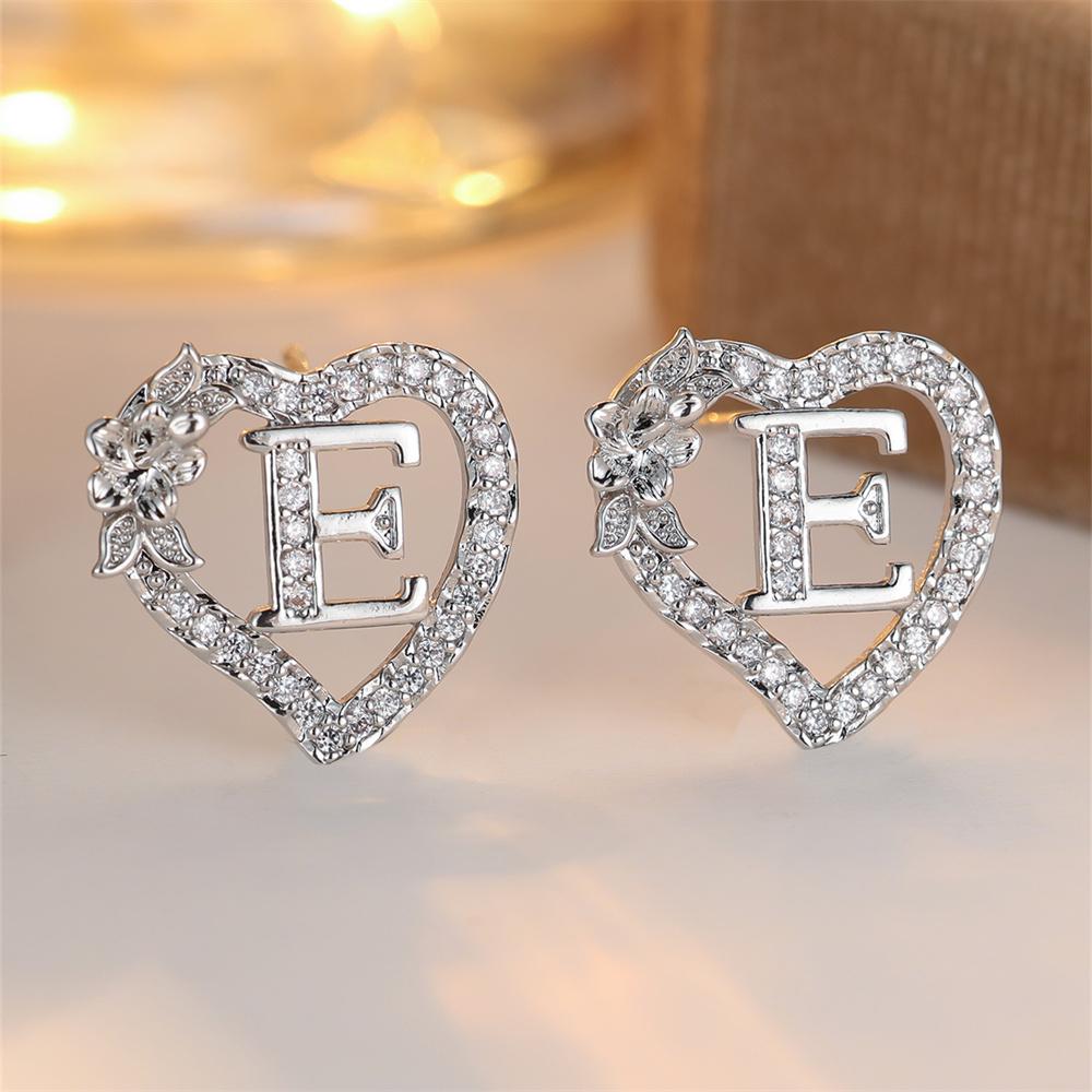 White Zircon Vintage Hollow Love Heart Letters Stud Earrings For Women Silver Color Wedding Jewelry Earring Valentine's Day Gift