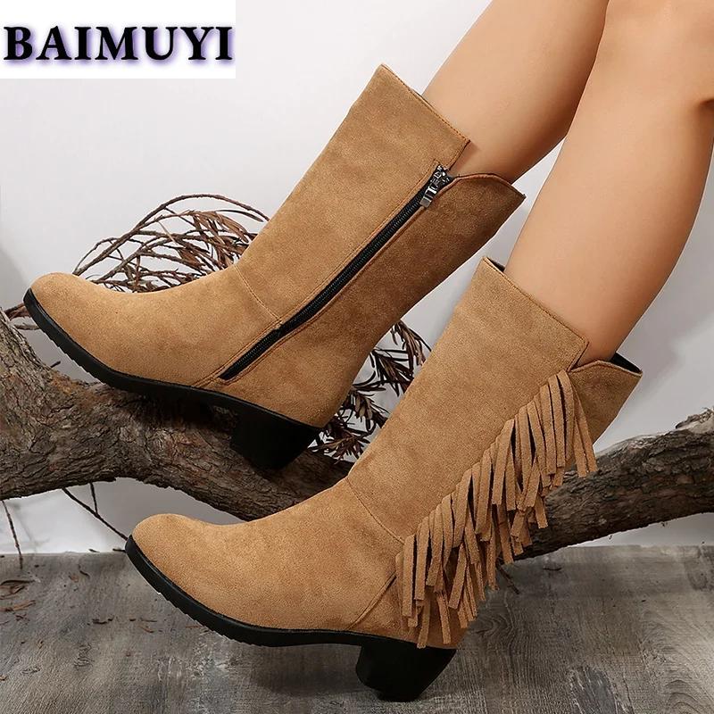 Fringe Women Snow High Boots High Heels Shoes 2025 Trend Suede Chunky Zipper Mid-calf Chelsea Boots Casual Pumps Mujer Botas