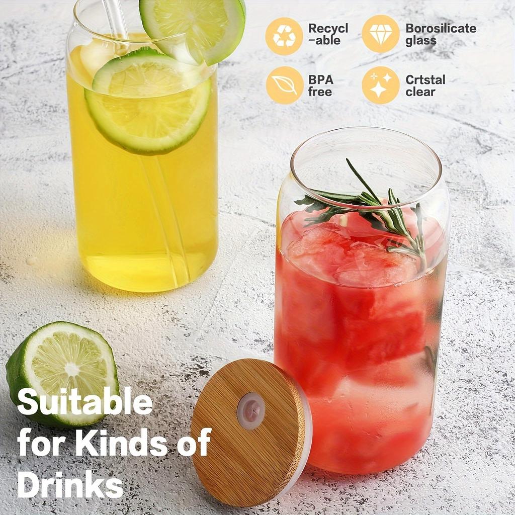 4 Pieces Drinking Glasses with Bamboo Lid and Glass Straw,500ml Canister Glasses for Beer,Iced Coffee,Soda Boba Tea Cocktails Cute Non-Tipping Glasses