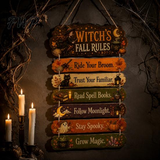 Hanging Wooden Plaque Witch's Fall Rules Sign, Vintage Halloween Wood Wall Rustic Front Door Decor Farmhouse Art for Outdoor Porch Yard, Home Ornament