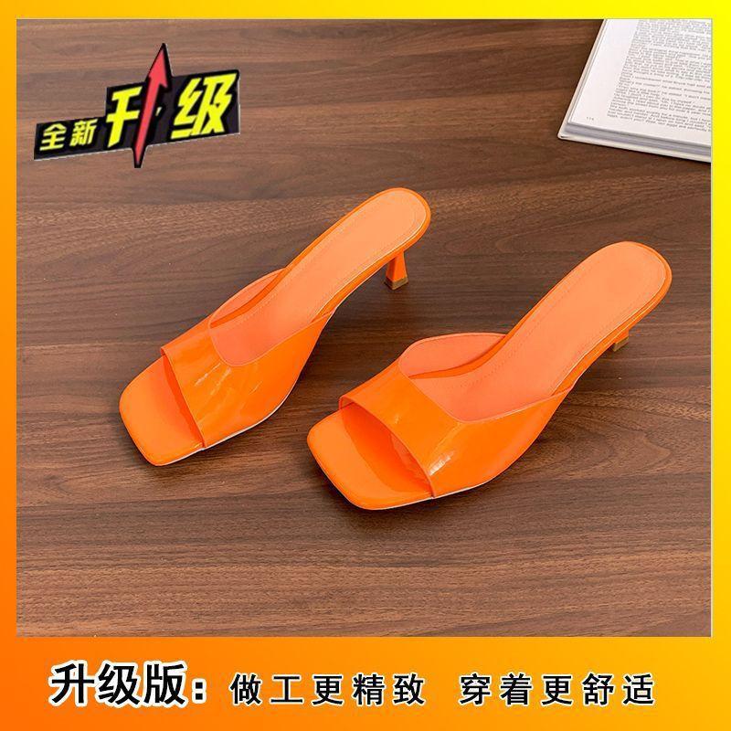 With Skirt Patent Leather Niche Sexy High Heels, Wear Thin Heels Open-toed Square Head One-word Slippers 2025 Summer and Autumn New Models