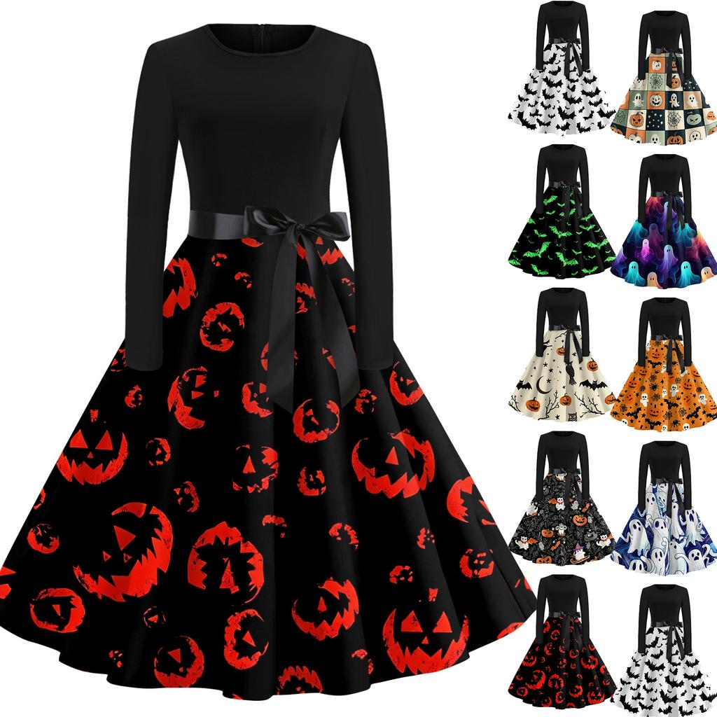 Women's Casual Halloween Print Dress Long Sleeve Round Neck Vintage Style Midi Dress with Waist Tie for Seasonal Occasion