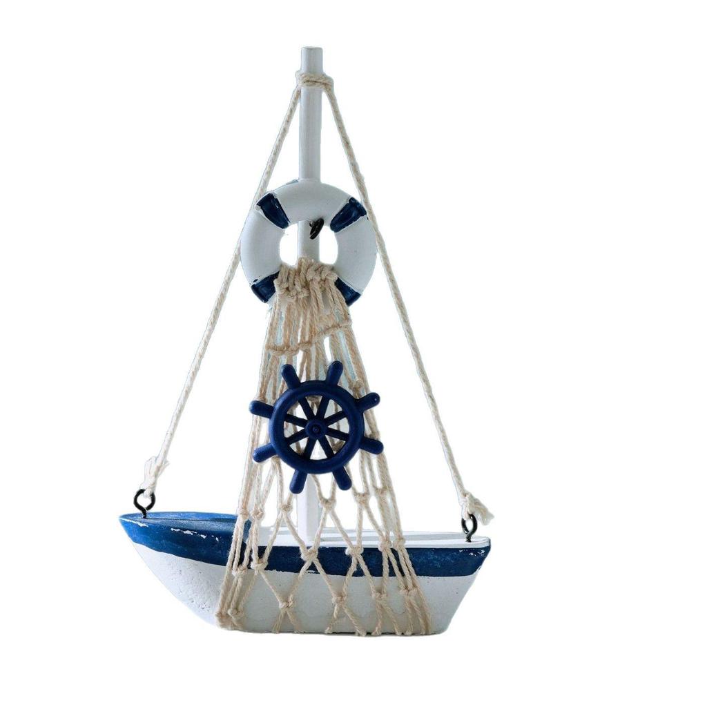 Mediterranean Wooden Sailboat Model with Cotton Rope Net - Mini Desktop Ornament & Photo Prop