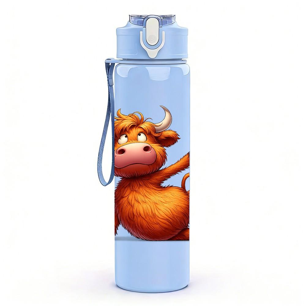 1PC Funny Bull Cow Cartoon Animal Print 750ml Color Plastic Sports Water Bottle Leakproof Flip Straw Lid Suitable for Sports Office Home Use
