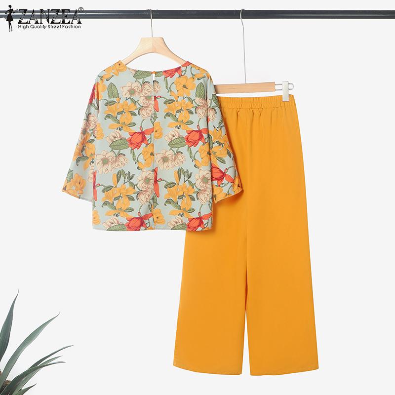 ZANZEA Женский повседневный костюм из двух частей с принтом и блузкой с рукавом 3/4 и брюками
