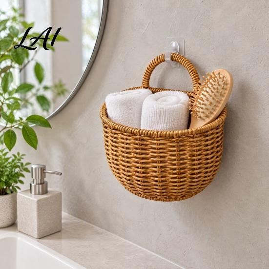 Versatile Hanging Storage Containers Woven Wicker Basket Wall Mounted Imitation Rattan Organizer Kitchen Spice And Egg Organizer Rustic Style