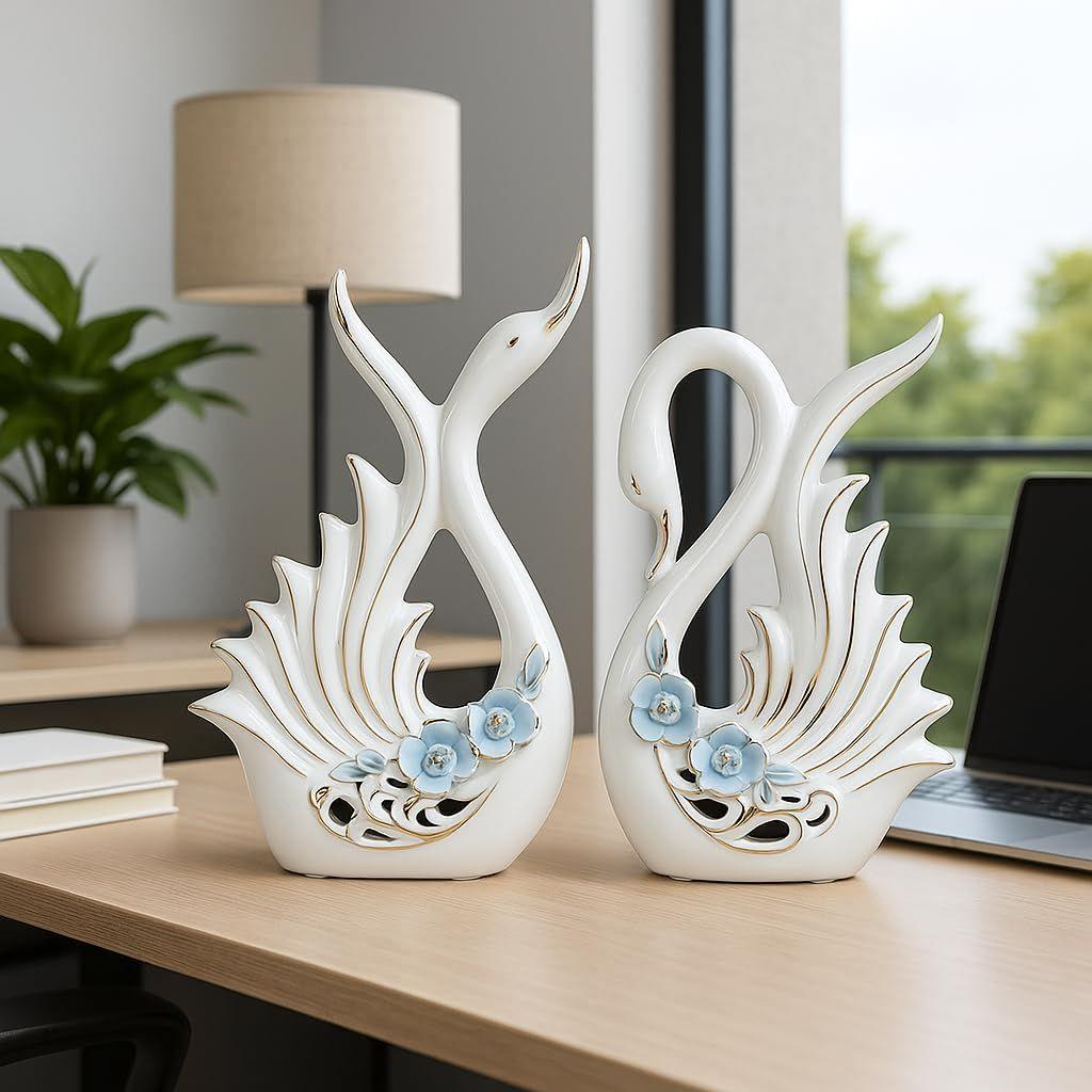 Modern Elite Swan Pair Ceramic Art Figure | Beautiful Home Decor (Set of 2, White)