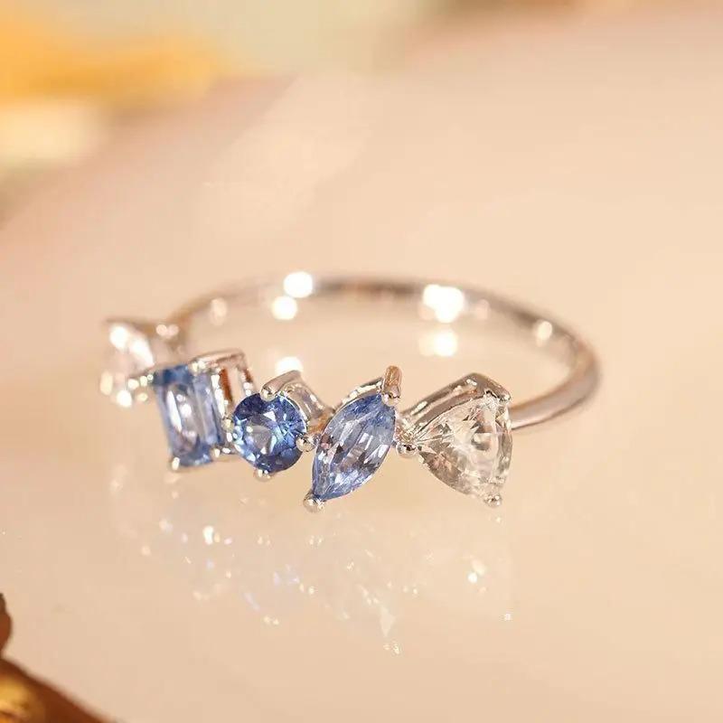 Легкая роскошь градиент морской синий кристалл нерегулярные кольца для женщин новые идеи высокое качество простые капли ветра ювелирные изделия