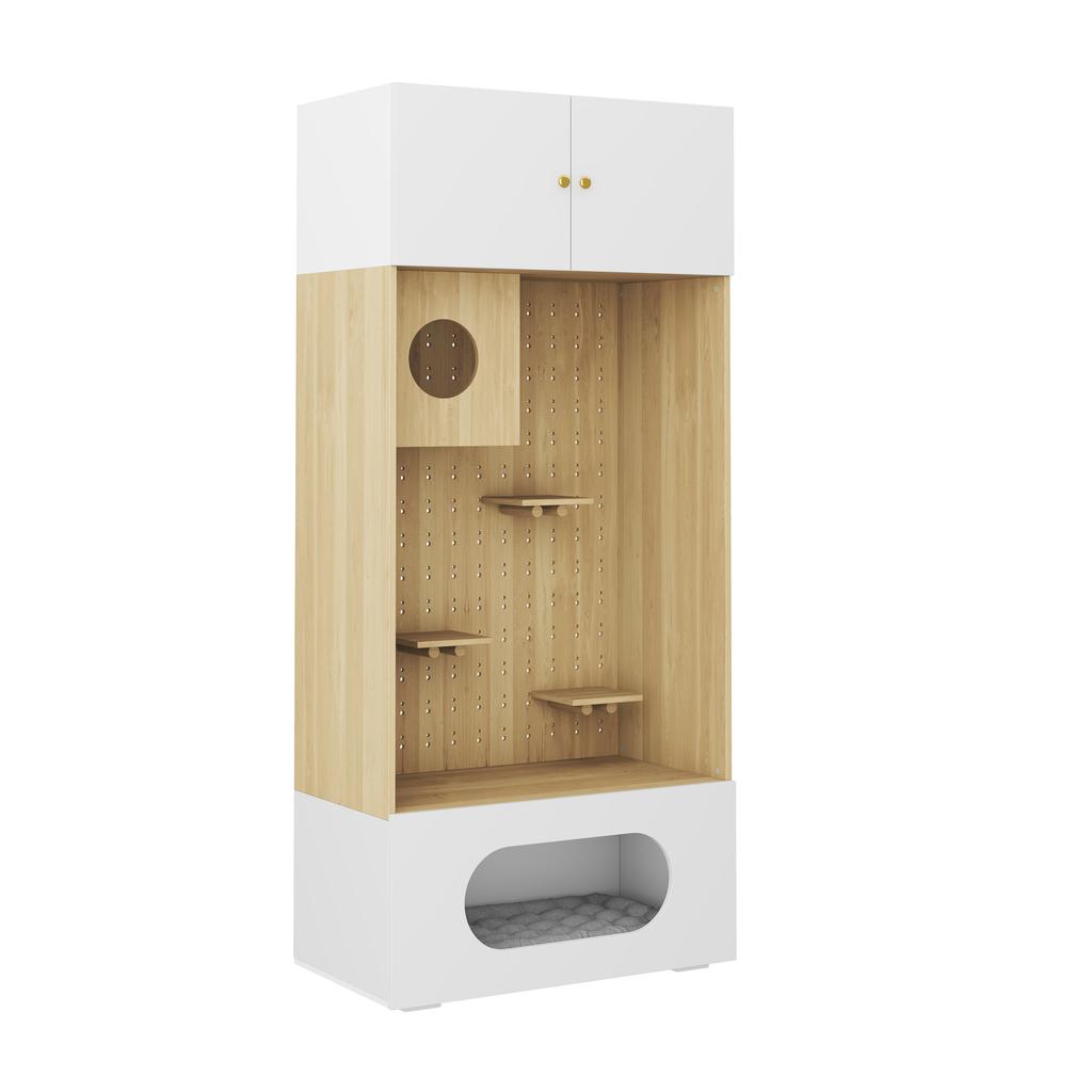 Pet Cabinet with Cat Climbing Wall, Cat Cave, Lounging Areas and Soft Cushion, 90 x 50 x 202 cm, with Storage Space, White + Wood Look