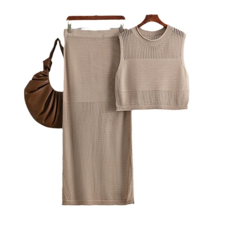 Summer Knitted Slim Hollow Sleeveless Vest Slit Half-body Skirt Two-piece Set