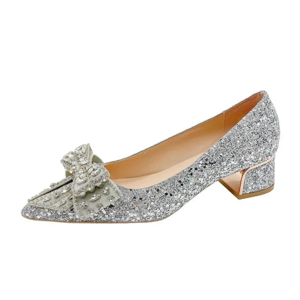 Shiny Crystal Bowknot Pumps Women 2024 New Thick Heels Rhinestone Wedding Party Shoes Woman Gold Silver Sequin Pointed Toe Pumps