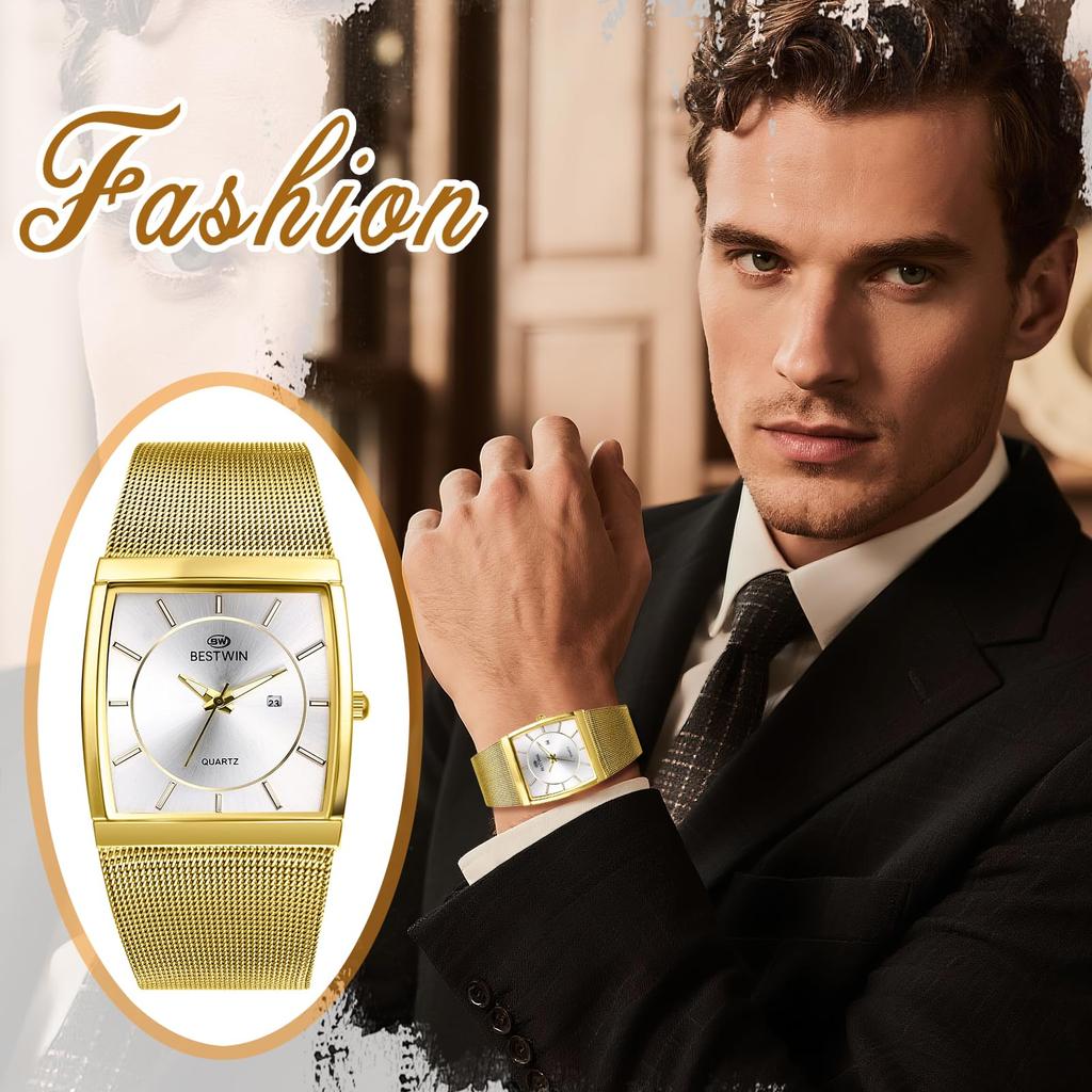 Квадратные часы с сетчатым ремешком из нержавеющей стали, светящиеся аналоговые, водонепроницаемость 3 АТМ, кварцевые и модный аксессуар, идеально подходят для или в качестве подарка парню, мужской ремешок,