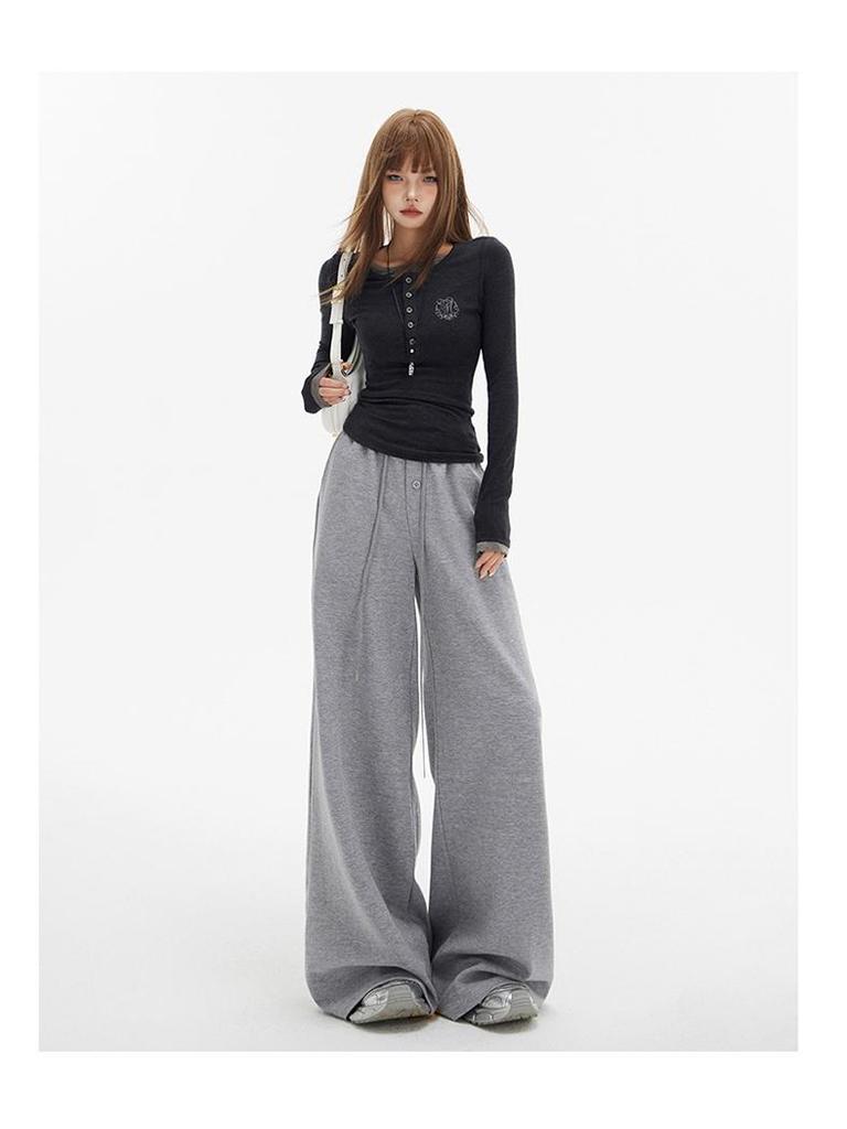 Women's 2-Color Elastic Waist Wide-Leg Pants with Drawstring - Spring 2025 Casual Slim Straight Floor-Length Drape Style