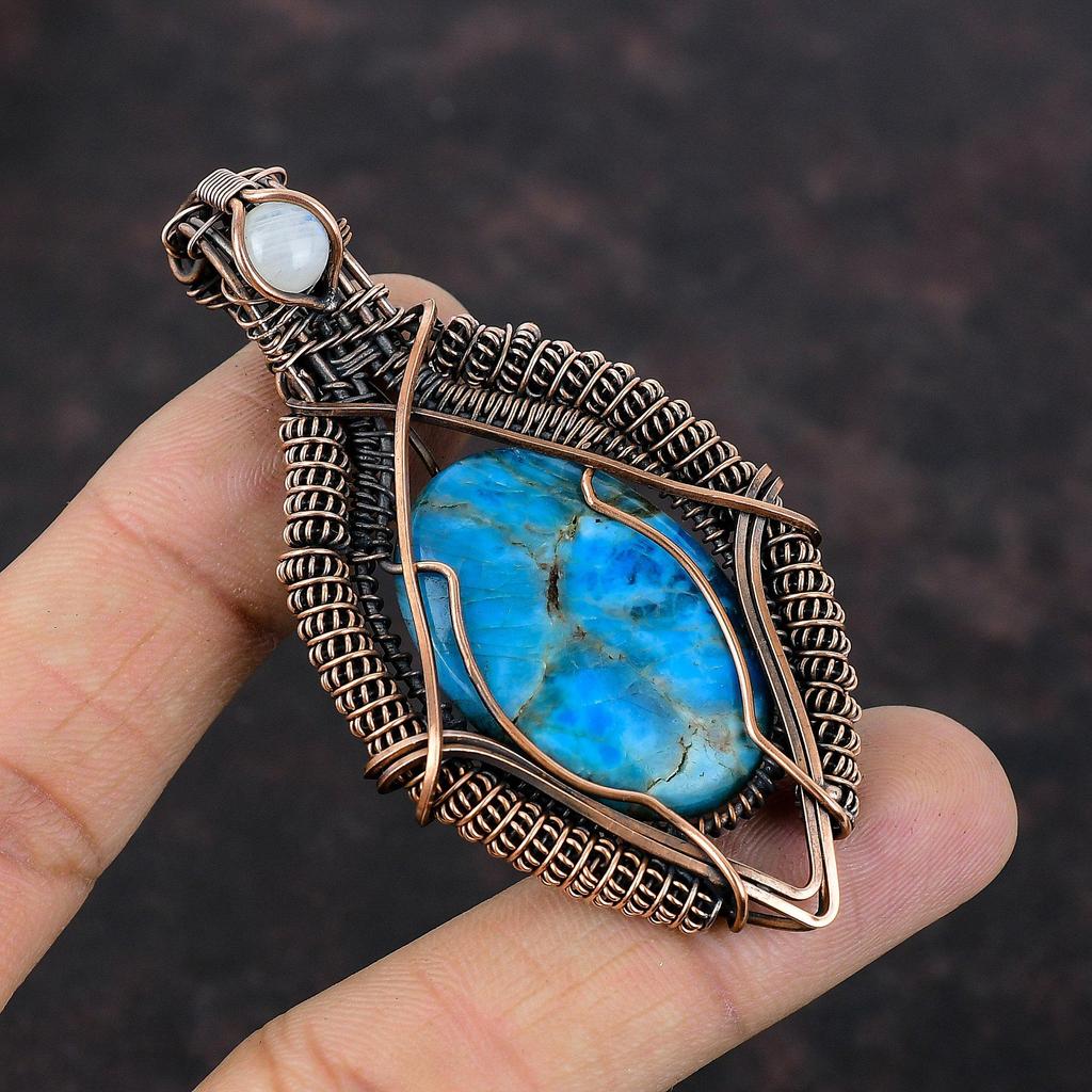 Неоново-апатитовый кулон, ювелирные изделия из медной проволоки, кулон ручной работы, кулон из медной проволоки, кулон с лунным камнем, изысканные ювелирные изделия из драгоценных камней, подарок для нее