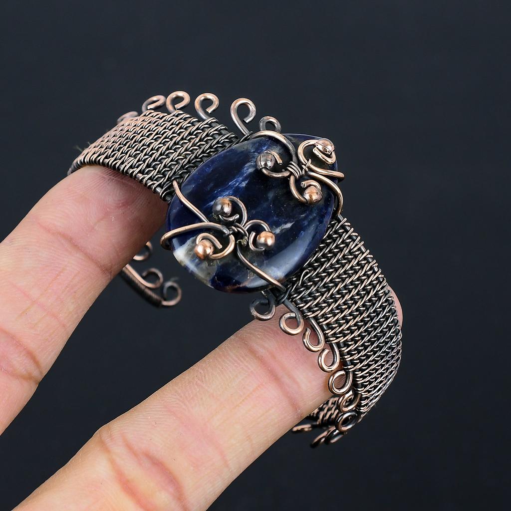 Natural Sodalite Gemstone Handmade Copper Wire Wrap Bangle Adjustable o5A27