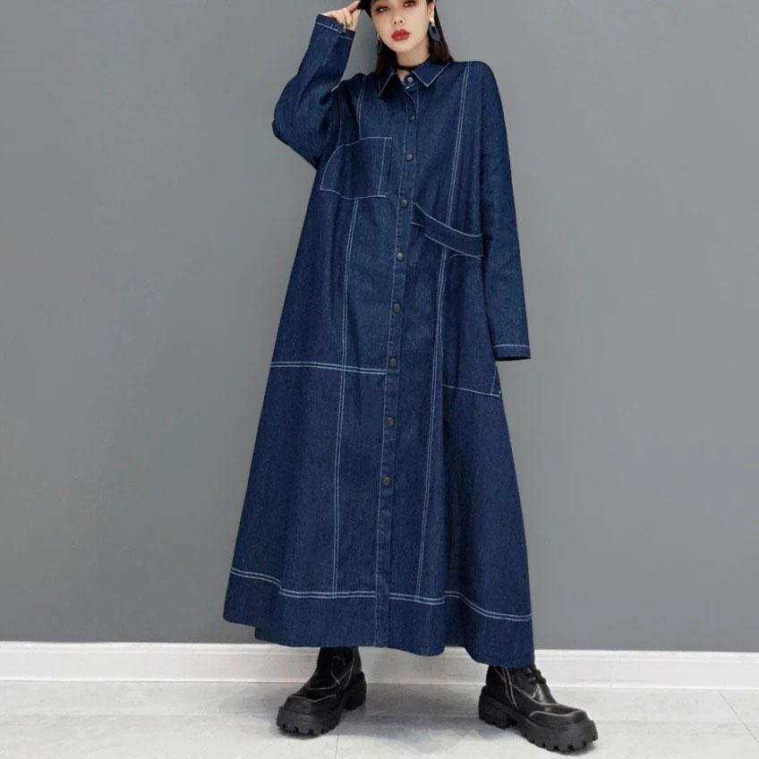 Woman Loose Fit Oversized Denim Windbreaker Long Denim Trench Coat