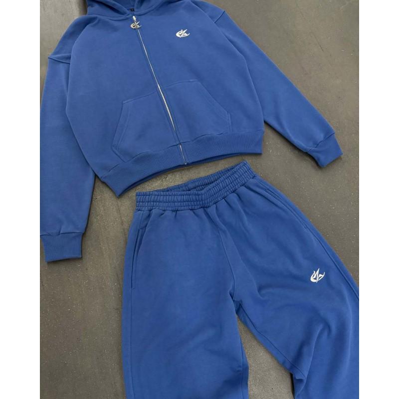 Женский oversized худи на молнии с брюками-джоггерами Комплект Серо-синий Уличный стиль Повседневный Длинный рукав Зимний наряд