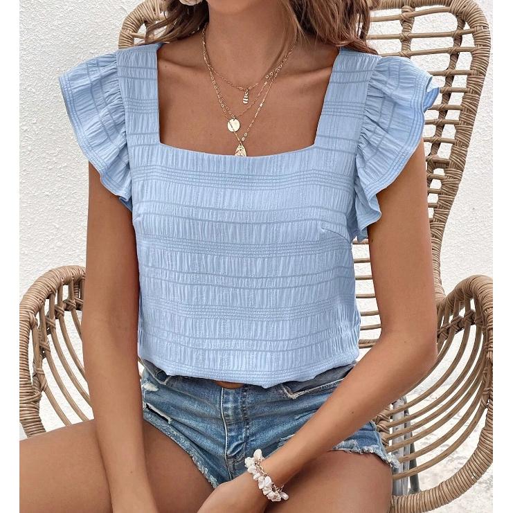 Женская футболка Летняя Повседневная с коротким рукавом Весенне-летняя Новинка Квадратный вырез Рубашка с рюшами Топ