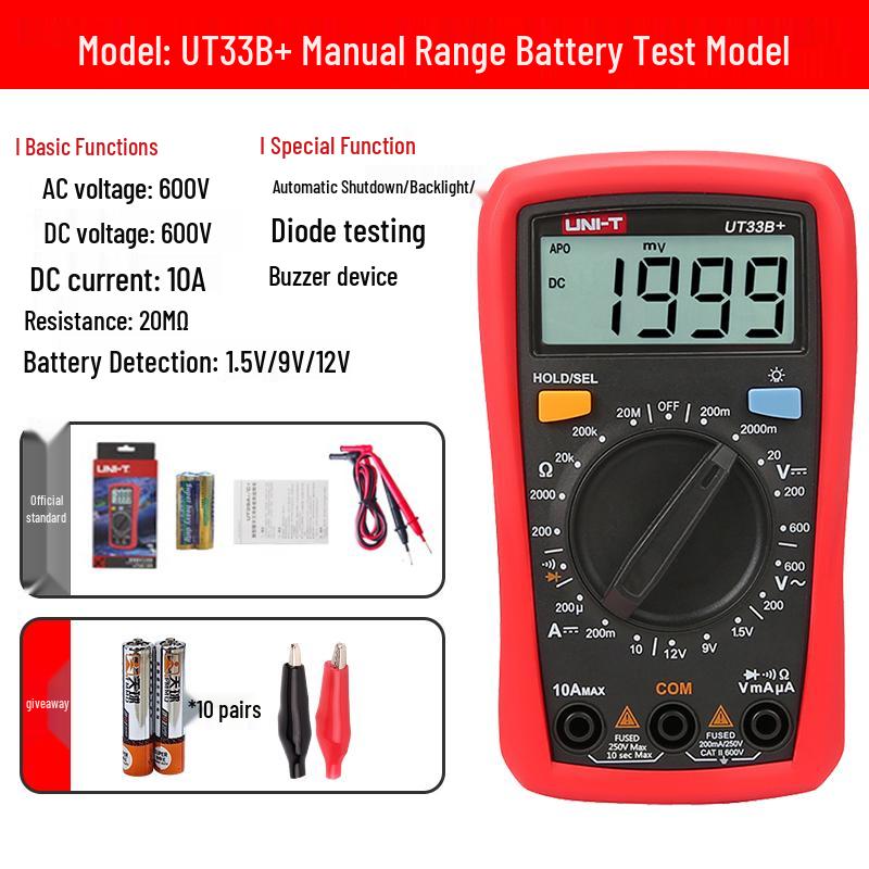 UNI-T UT33B+ High Precision Smart Digital Multimeter - Mini Anti-Burn Voltage Meter for Electricians
