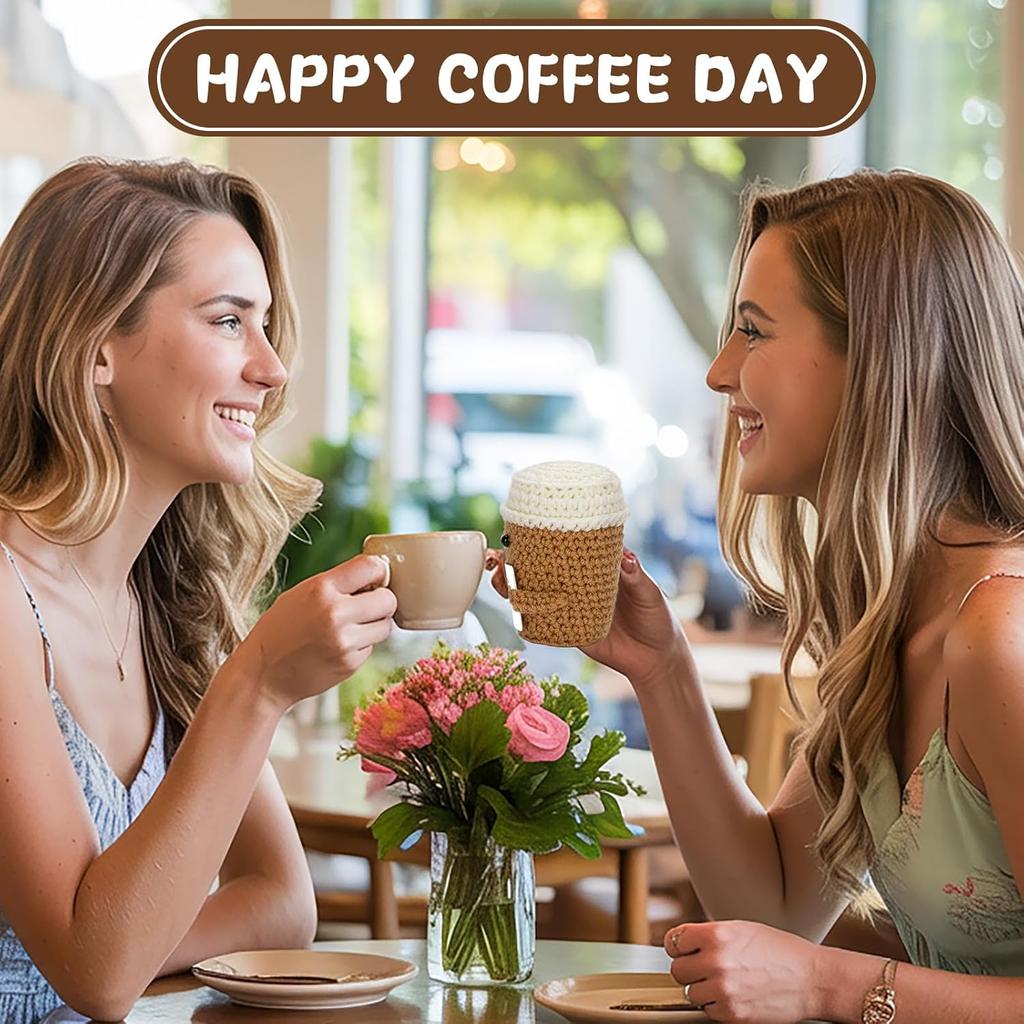 Funny Crochet Emotional Support Coffee Doll With Card Desktop Ornament Handmade Knitted Coffee Dolls Christmas Gifts Home Decor