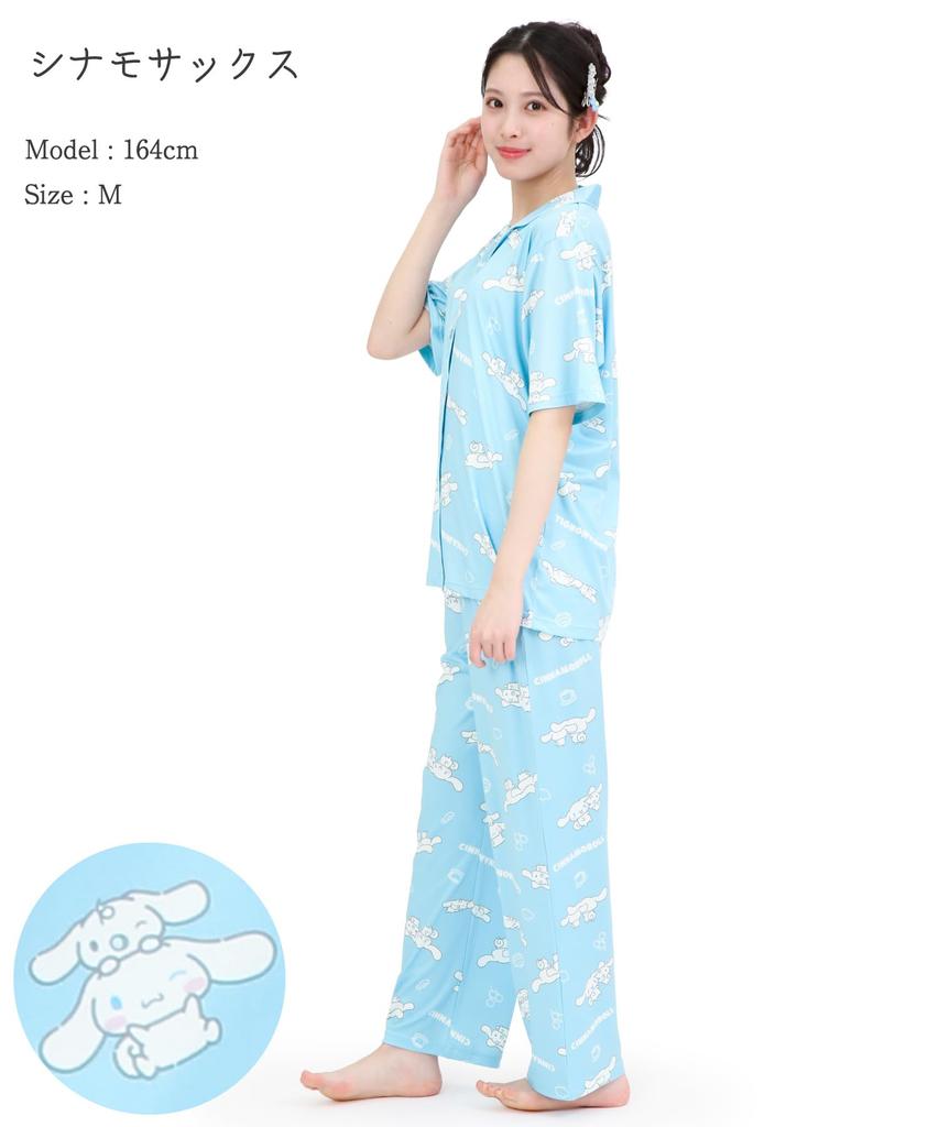 SAZAC Cinnamoroll and Milk Shirt Powder Stretch Short Sleeve and Long Pants Loungewear Pajamas, Fabric, Women's Set, (Sax/L/SAN1951)
