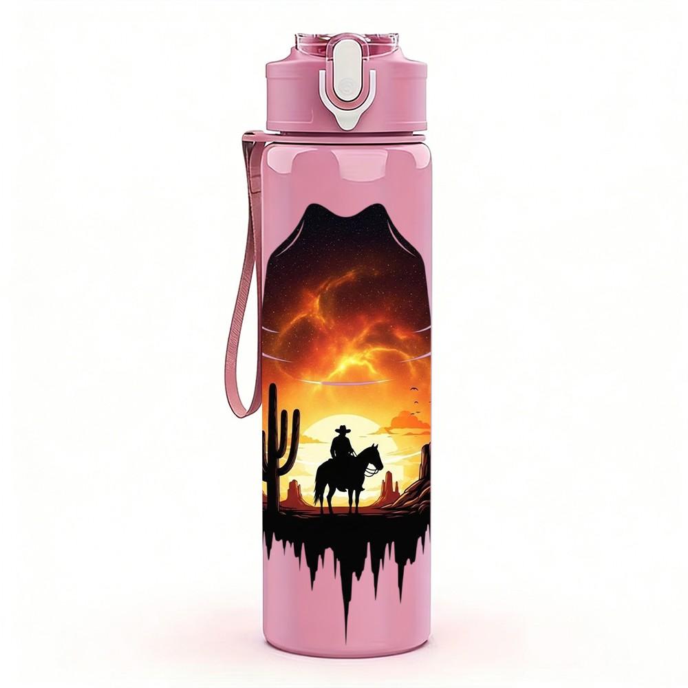 1PC Desert Campfire Cowboy Scene 750ml Color Plastic Sports Water Bottle Leakproof Flip Straw Lid Suitable for Sports Office Home Use