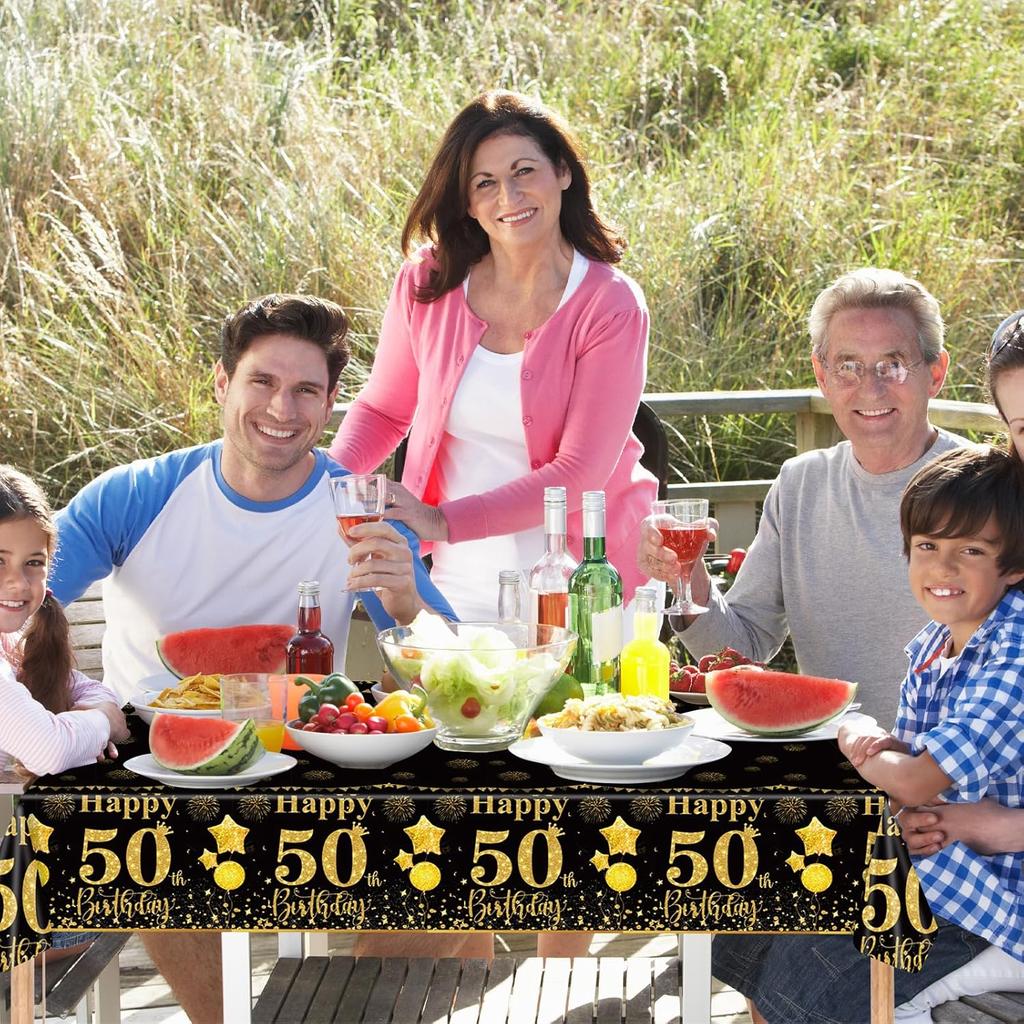 50th Black Gold Birthday Tablecloths Plastic Disposable 2 Pack Table Cloth Happy Party Birthdays Decorations Rectangular Table Cover 54"x108"