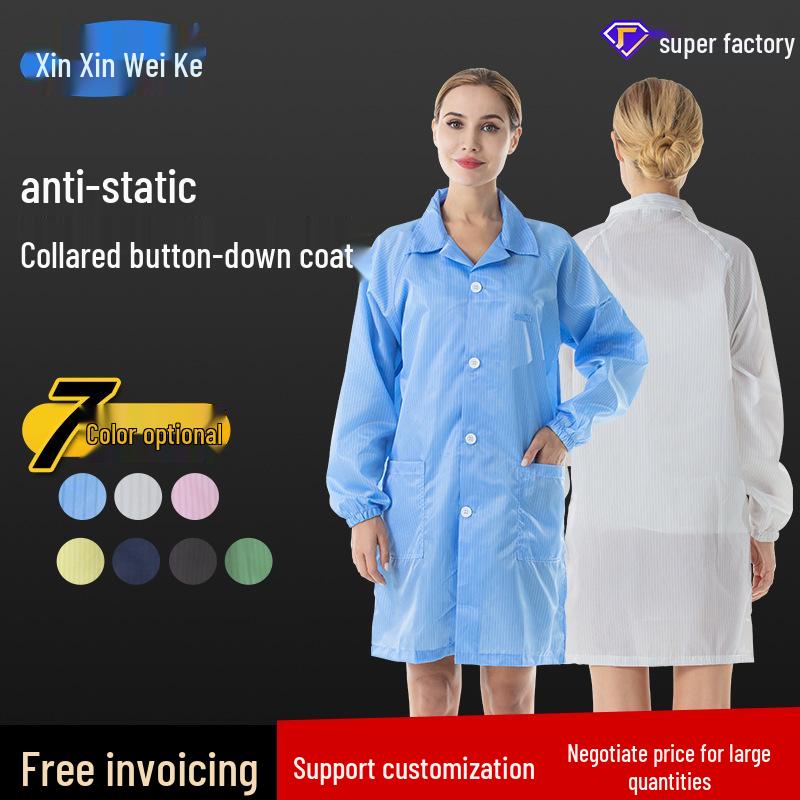 Anti-Static Blue & White Striped Lab Coat - Dust-Free, Dustproof Protective Workwear