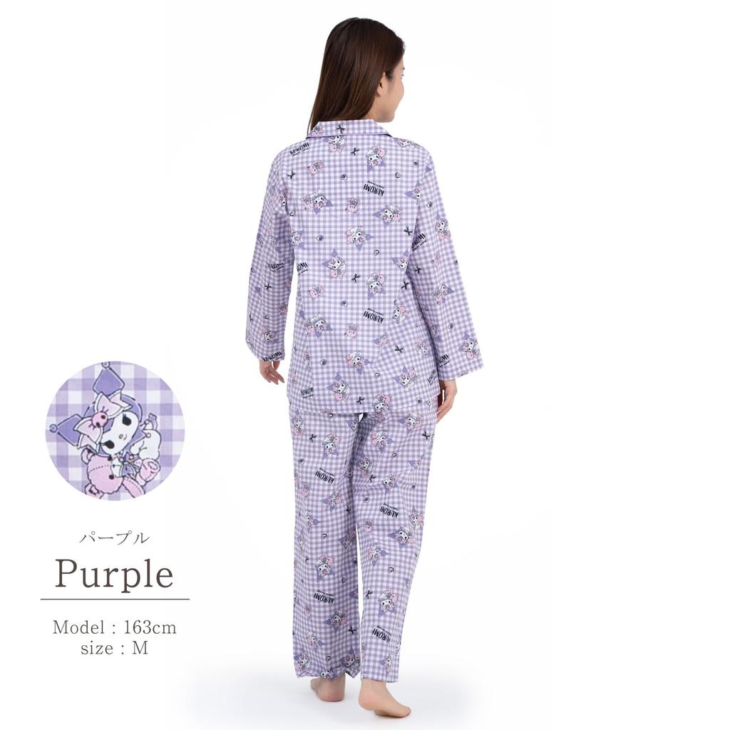 SAZAC Kuromi Gingham Pajama Cotton Long Sleeve and Loungewear Set, 100% Broadcloth, Women's Pants, (Purple/M/SAN1782)