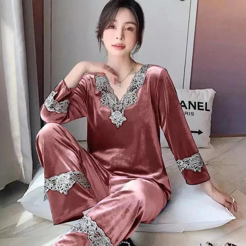 Осенний Холодный Сезон Стиль Кружевная Девятиquarter Рукав Топ Широкие Штаны Домашняя Одежда Домашнее Платье Леопардовый Принт Канареечный Бархат Пижама Комплект Для Женщин