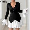 Women's Fashion Spring Fall Colour Block Print Long Sleeve V-Neck High Waist Casual Dresses