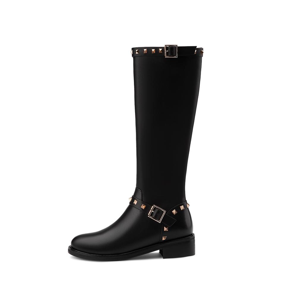 Krazing Pot Натуральная коровья кожа осенне-зимняя обувь на толстом среднем каблуке большого размера 45 размера 44 кожаные металлические заклепки женские теплые сапоги до колена