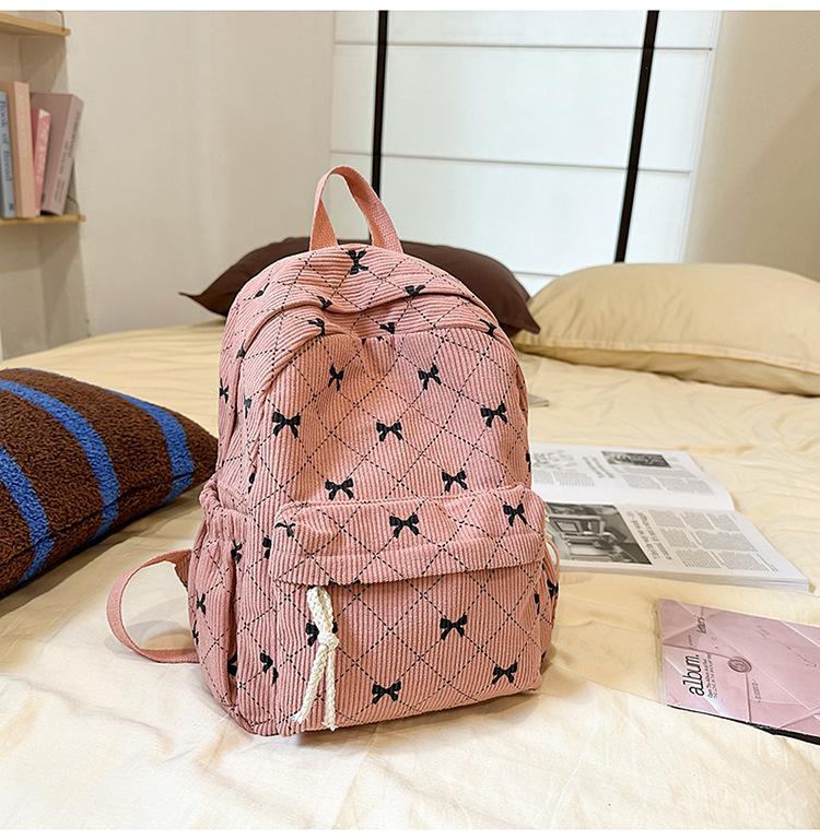 Schoolbag corduroy bow small backpack girls high value small schoolbag simple ins wind small casual backpack women