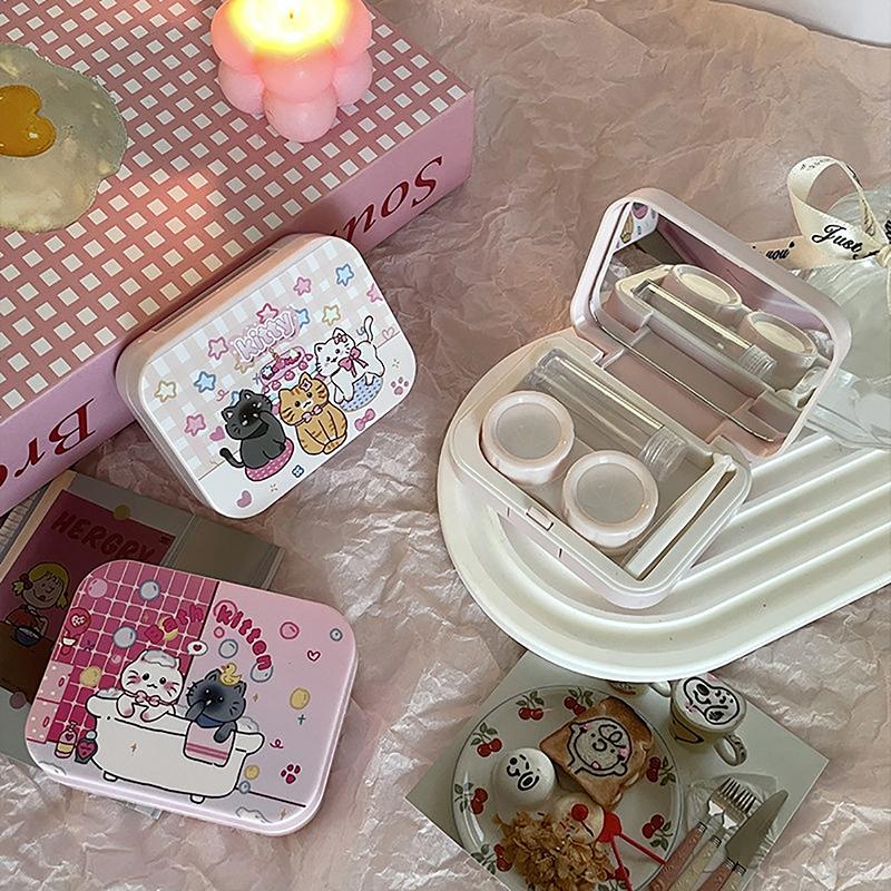 Милый мультяшный футляр для контактных линз, портативный футляр для контактных линз для девочек, контейнер для хранения красоты, дорожный набор