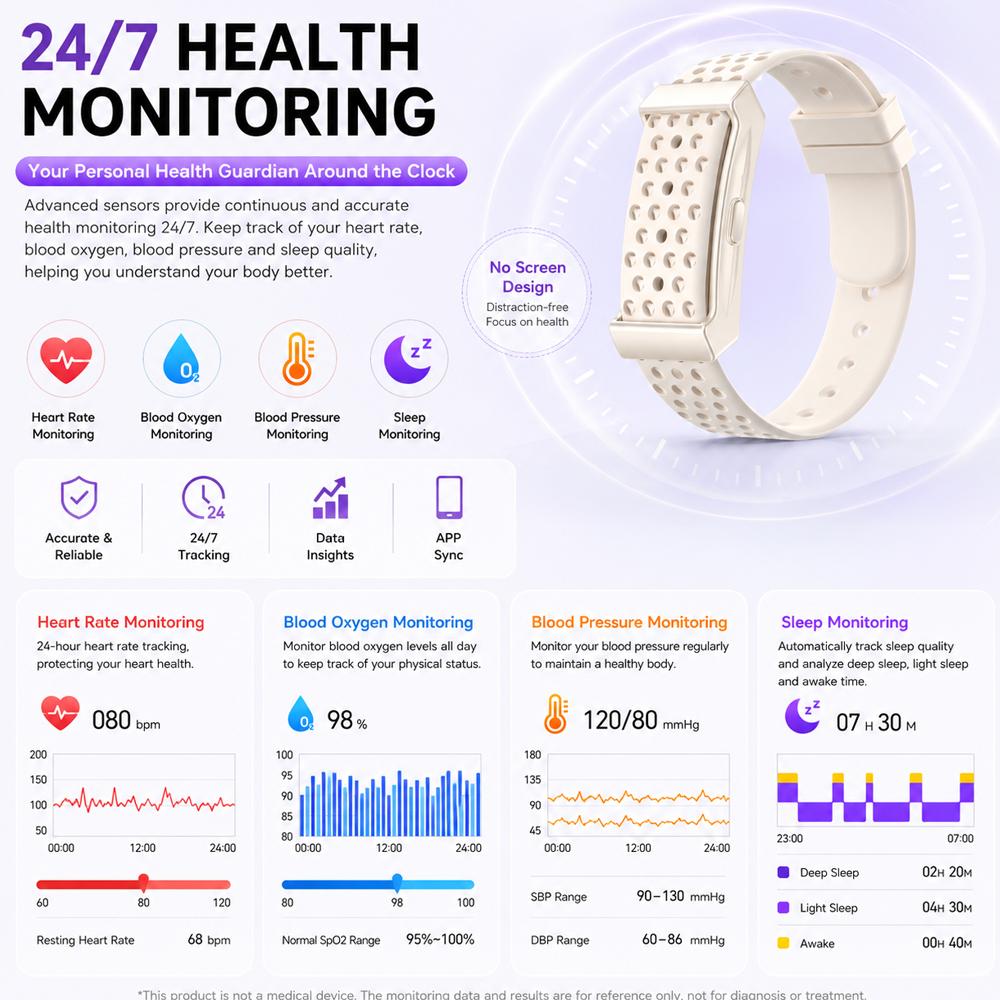 2026New Screenless Design Smart Bracelet Men Heart Rate Blood Pressure Sports Mode SleepSlim Light Design Smartwatch Women 2