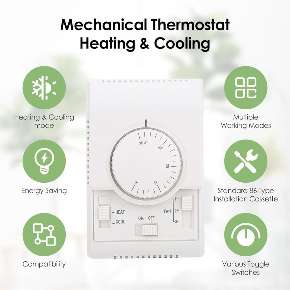 Central Air Conditioning Thermostat,Mounted Air Conditioner Thermostat Mechanical Temperature Controller Mechanical Wall Thermostat 10-30℃ AC 220V