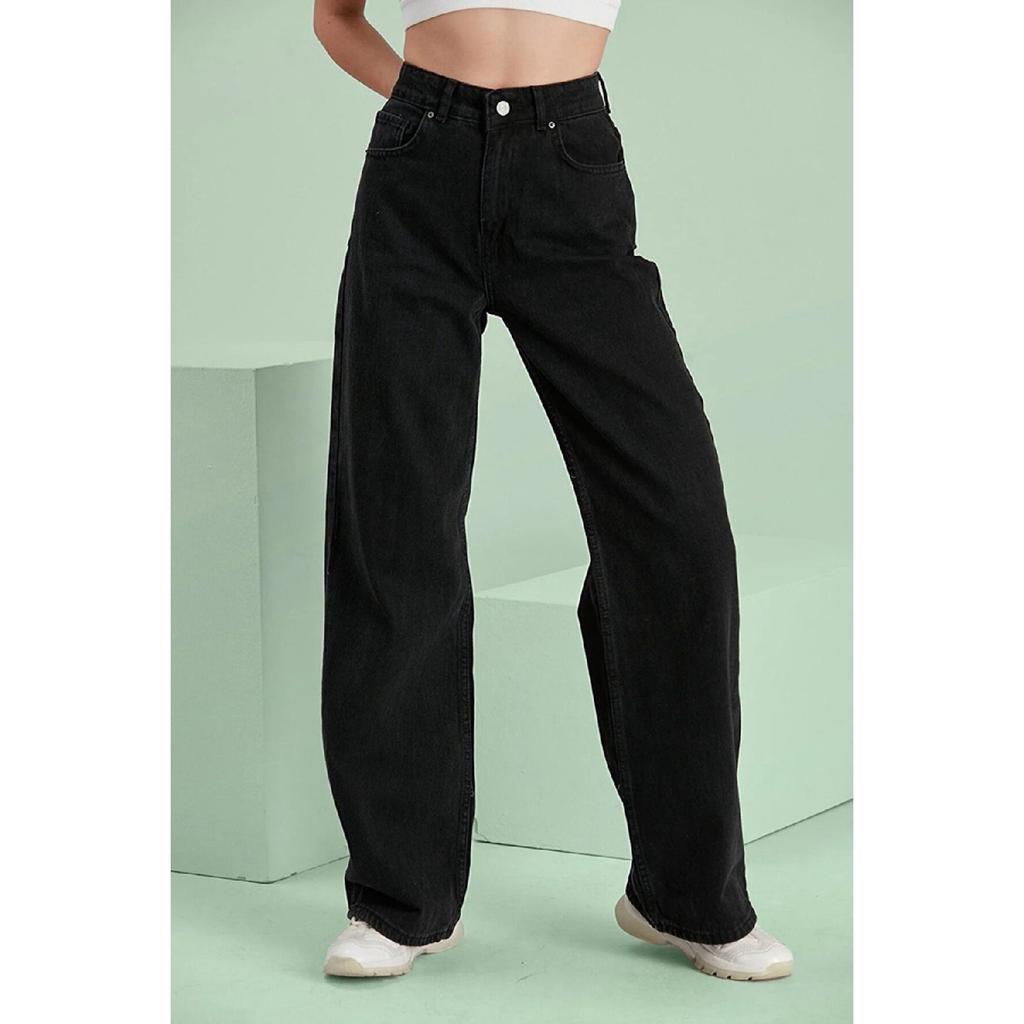 Women's Blue Snow Wash High Waist Five Pocket Wide Leg Loose Palazzo Jean Denim Trousers