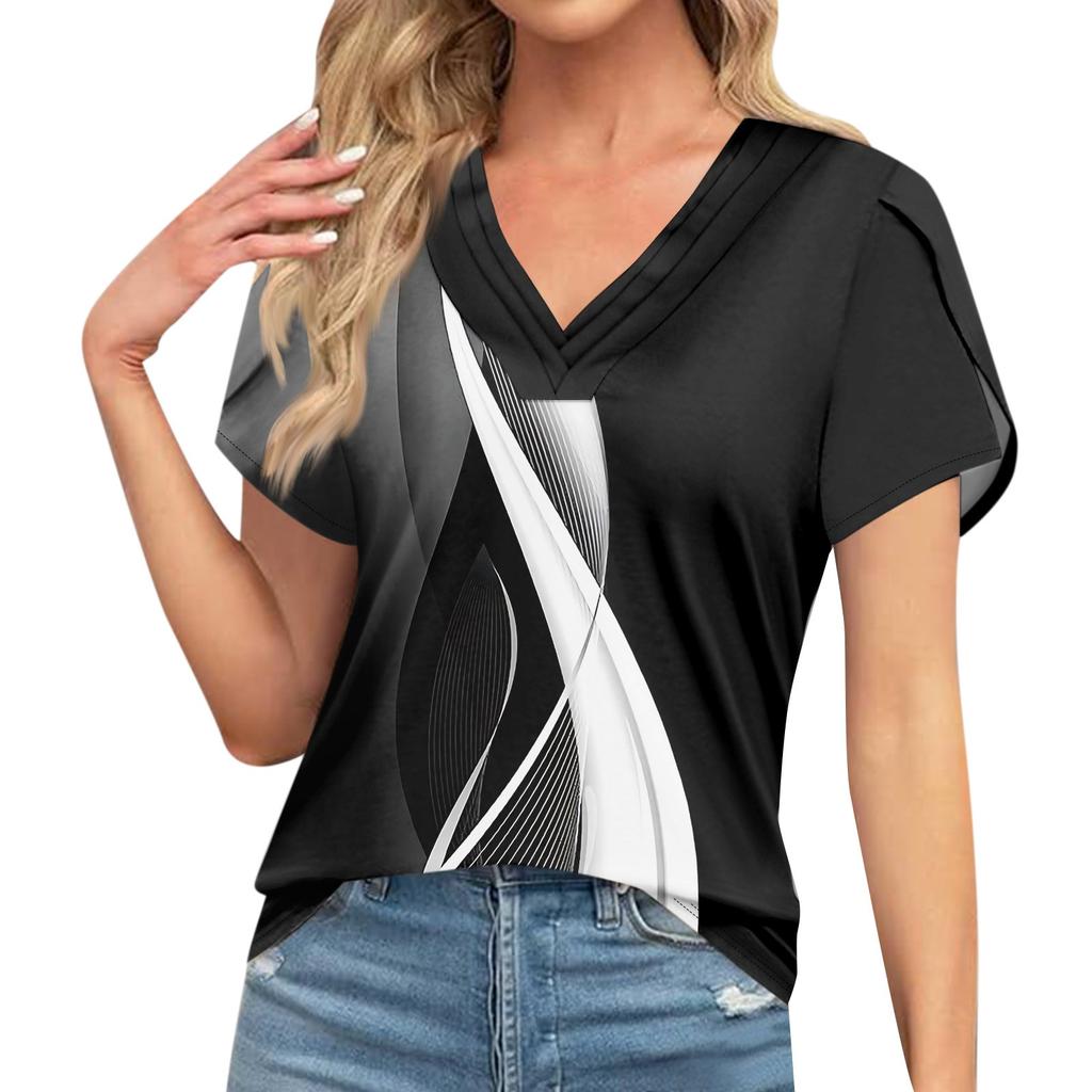 Blouses For Women Dressy Casual, Fashion Print Short Sleeve Retro Print T-Shirt Unique Design  V-Neck Oversized Tshirts