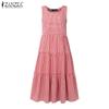 ZANZEA Women Casual Round Neck Summer Sleeveless Plaid Print Dress
