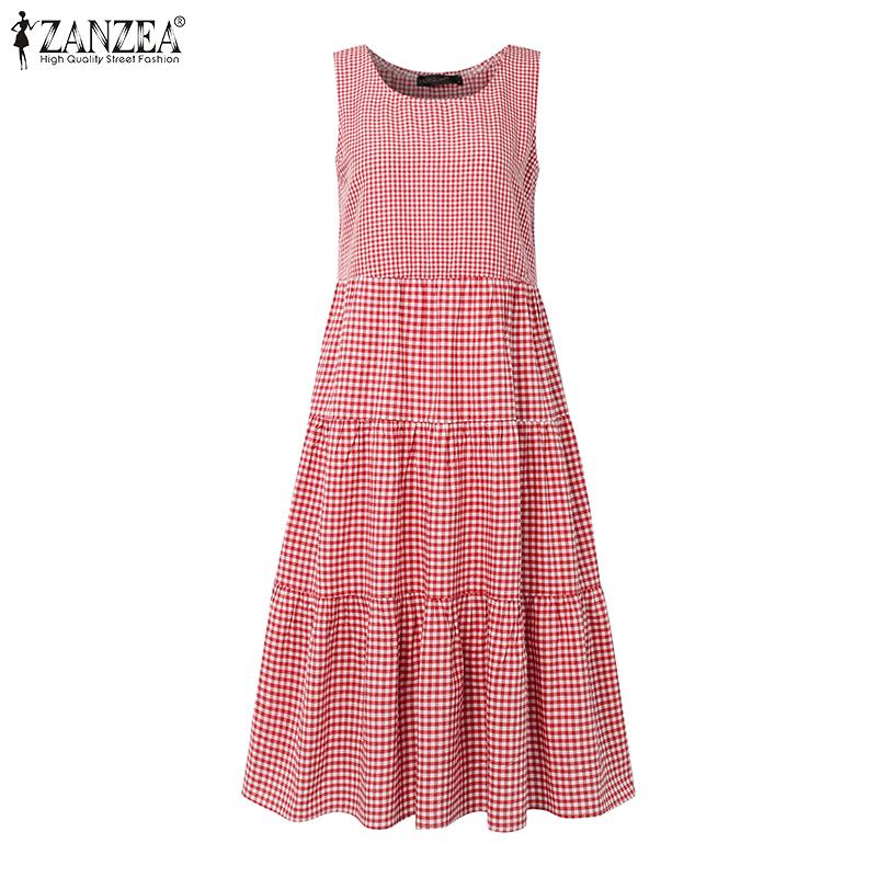 ZANZEA Women Casual Round Neck Summer Sleeveless Plaid Print Dress