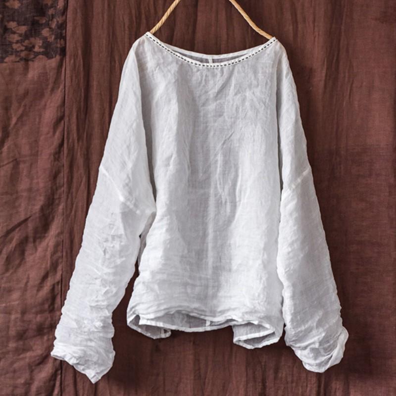 Johnature Женские винтажные футболки с длинным рукавом и круглым вырезом Ramie, весенние однотонные футболки, свободные повседневные футболки высокого качества