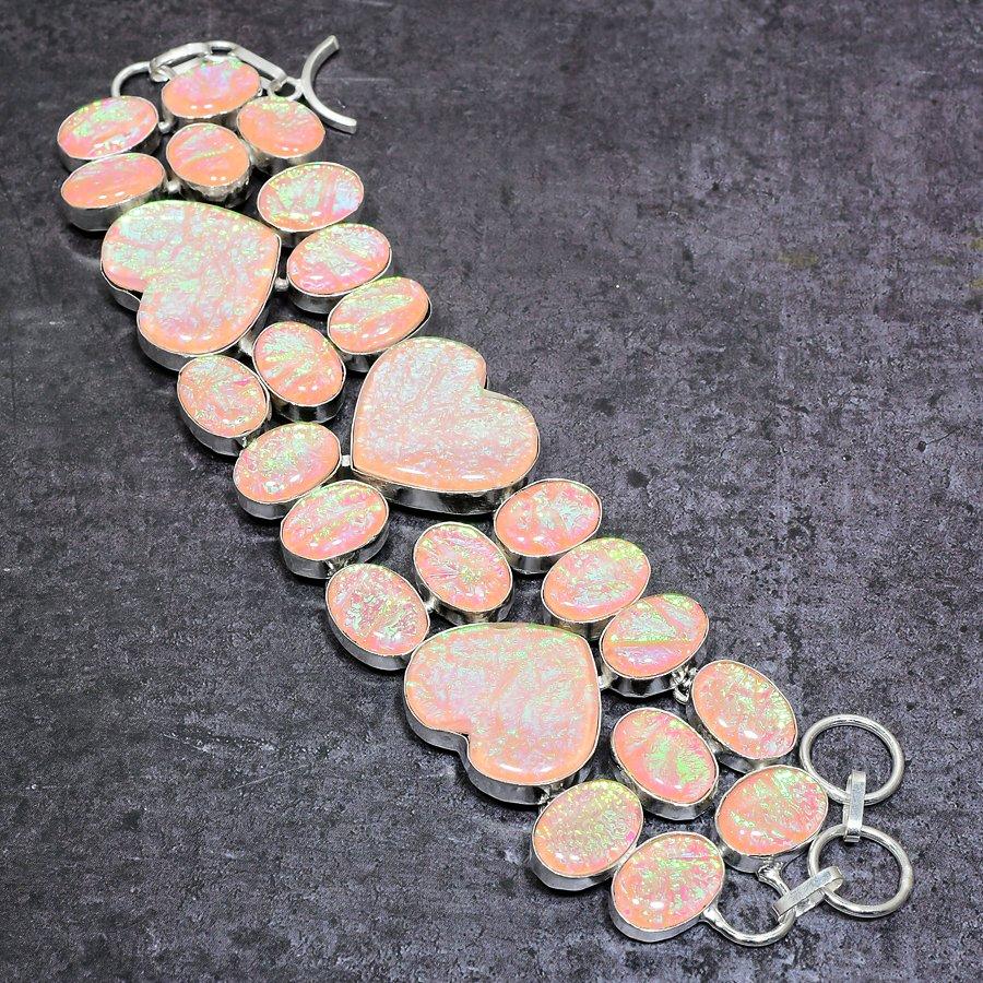 Браслет из серебра 925 пробы с натуральным розовым опалом и тремя камнями 7-8 дюймов C6q28