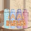 1PC Letter A Bear Couple Print 750ml Color Plastic Sports Water Bottle Leakproof Flip Straw Lid Suitable for Sports Office Home Use