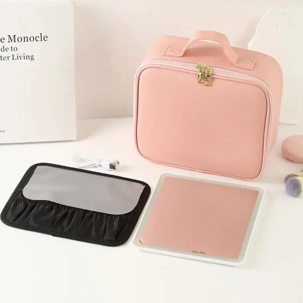 Органайзер для косметики с зеркалом, подсветкой, 3 уровня регулировки яркости, дорожный футляр для косметики, переносная водонепроницаемая перегородка для хранения