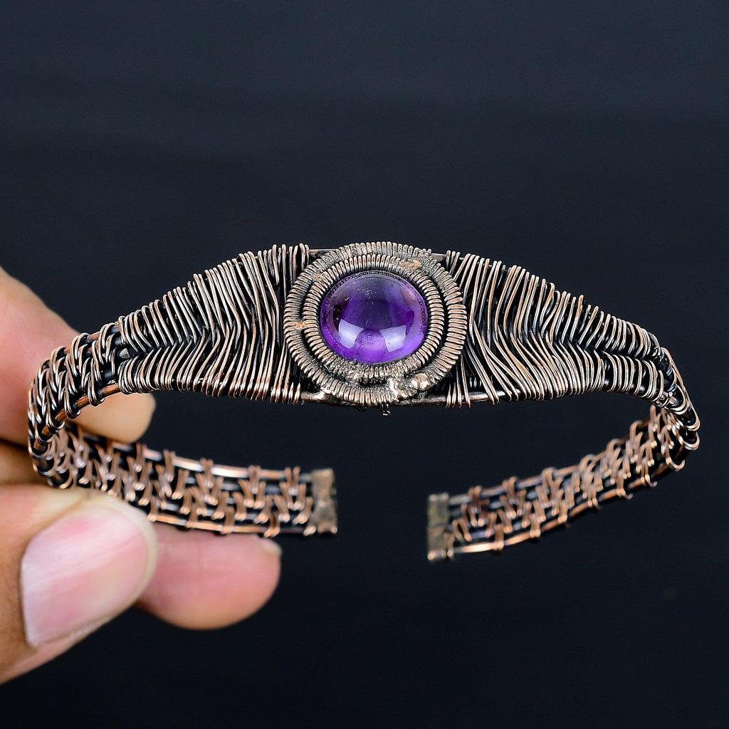 Украшения из аметиста, браслет-манжета, обмотанный проволокой из чистой меди, ювелирные изделия из проволоки с драгоценными камнями,