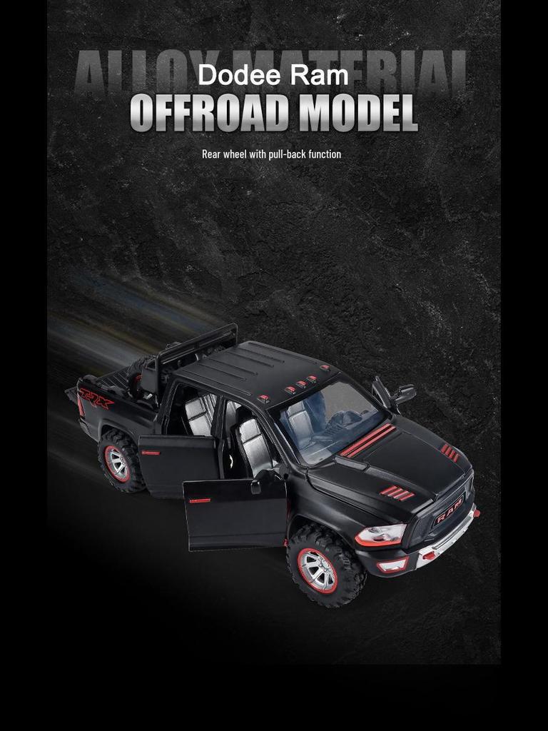 1:32 Модель пикапа Dodge Ram TRX — игрушечный автомобиль из сплава со звуком, светом и открывающейся назад дверью для детей
