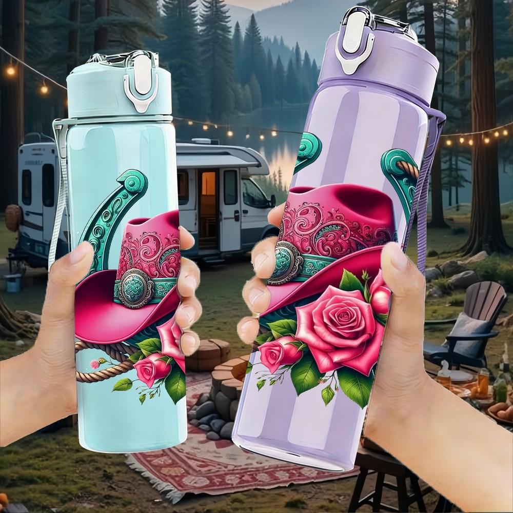 1PC Cowboy Hat Rose Vintage Pattern 750ml Color Plastic Sports Water Bottle Leakproof Flip Straw Lid Suitable for Sports Office Home Use
