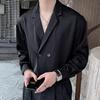 Spring Men Shirt Turn-down Collar Ice Silk V Neck Loose Double Buttons Solid Color Baggy Loose Soft Breathable Long Sleeves Male
