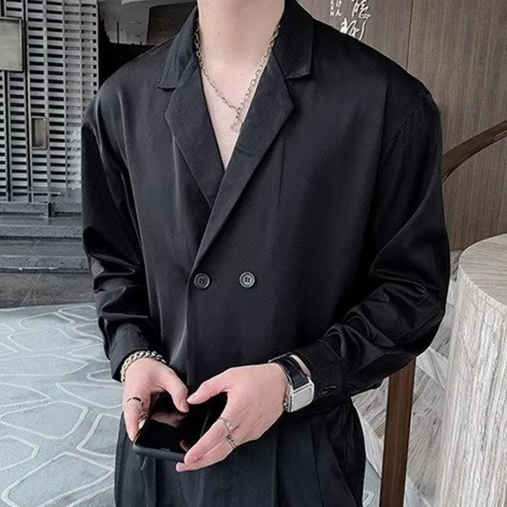 Spring Men Shirt Turn-down Collar Ice Silk V Neck Loose Double Buttons Solid Color Baggy Loose Soft Breathable Long Sleeves Male